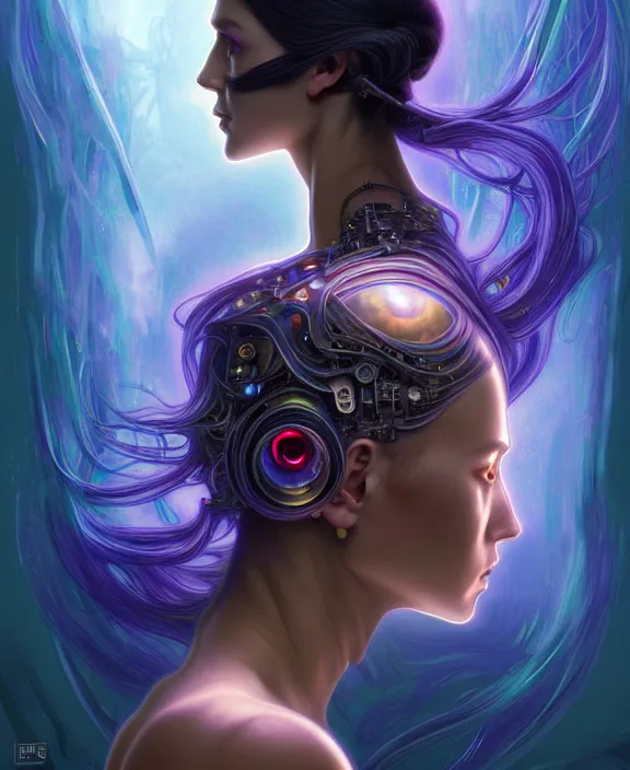 Image similar to a whirlwind of souls rushing inside the metaverse, hologram, half body, neurochip, shaved temple, piercing, jewelry, android, cyborg, cyberpunk face, by loish, d & d, fantasy, intricate, elegant, highly detailed, colorful, digital painting, artstation, concept art, art by artgerm and greg rutkowski and alphonse mucha