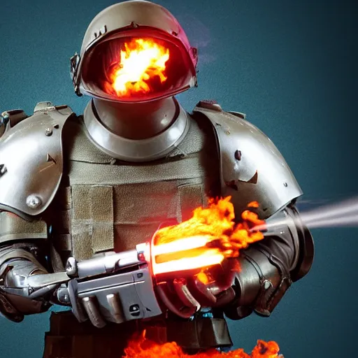 Image similar to angry man in juggernaut armor burning a desktop tower pc with a military flamethrower