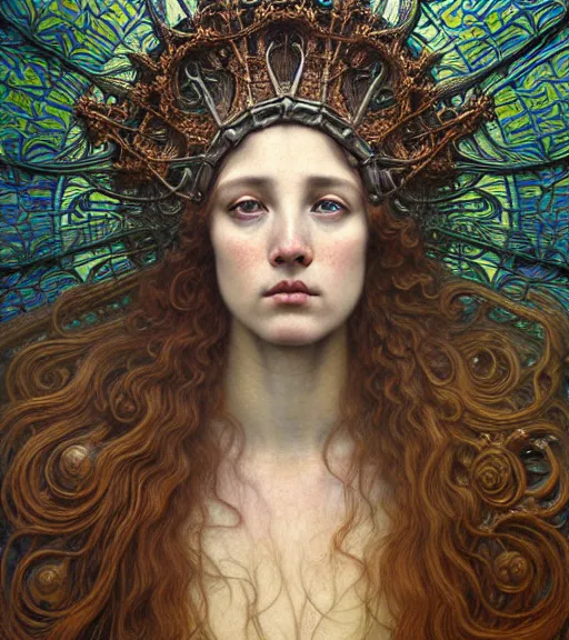 Image similar to detailed realistic beautiful young medieval queen face portrait by jean delville, gustave dore and marco mazzoni, art nouveau, symbolist, visionary, gothic, pre - raphaelite. horizontal symmetry by zdzisław beksinski, iris van herpen, raymond swanland and alphonse mucha. highly detailed, hyper - real, beautiful, fractal baroque