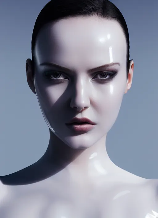 Prompt: a fierce nubile young woman with reflections in her eyes and slicked hair, wearing futuristic white latex bodysuit and mask, clear skin, elegant, graceful, fashionable, cinematic, hyperdetailed illustration by irakli nadar and alexandre ferra, depth of field, global illumination,