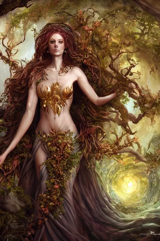 Prompt: fantasy character concept portrait, digital painting, wallpaper of the goddess of life and nature, dryad, with skin of obsidian, with veins of magma and gold, renaissance nimbus overhead, by aleksi briclot, by laura zalenga, by alexander holllow fedosav, 8 k dop dof hdr, vibrant