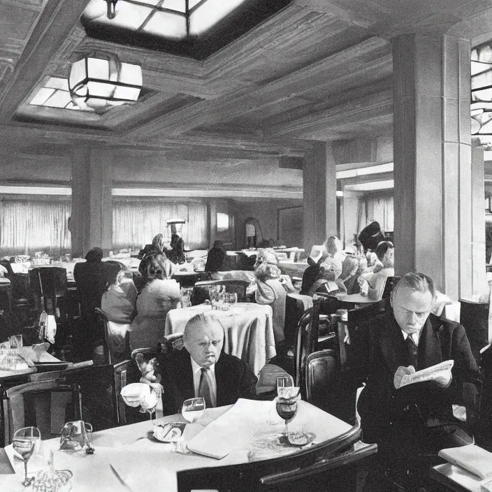 Prompt: Anthony Hopkins reading newspaper at the restaurant packed with women that look like Gal Gadot, art deco interior, skylight open ceiling, designed by Frank Lloyd Wright, highly detailed, painted by Edward Hopper, painted by James Gilleard