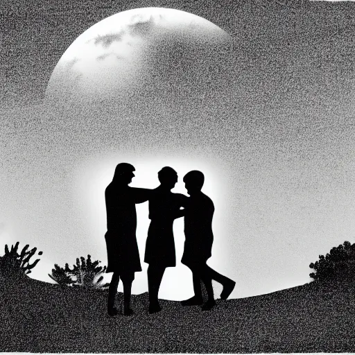 Image similar to silhouettes of two men holding hands on top of a hill with the moon visible in the sky behind them, black and white