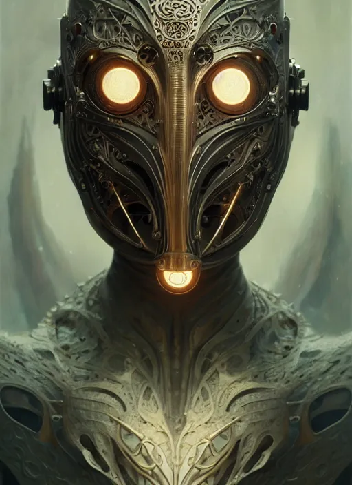 Image similar to organic cyborg drahon mask, diffuse lighting, fantasy, intricate, elegant, highly detailed, lifelike, photorealistic, digital painting, artstation, illustration, concept art, smooth, sharp focus, art by John Collier and Albert Aublet and Krenz Cushart and Artem Demura and Alphonse Mucha