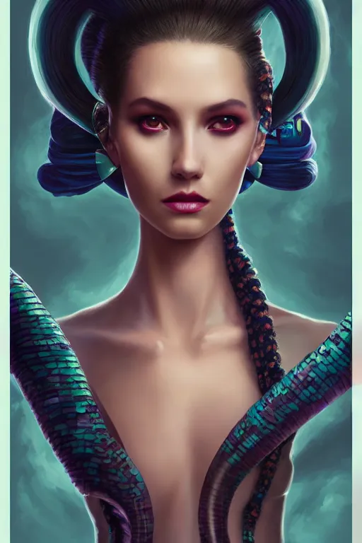 Image similar to portrait of an elegant alien woman queen with long floating snake dreads, straight on portrait, by artgerm, tom bagshaw, gerald brom, vaporwave colors, lo - fi colors, vaporwave, lo - fi, moody vibe, goth vibe, 4 k, hd,