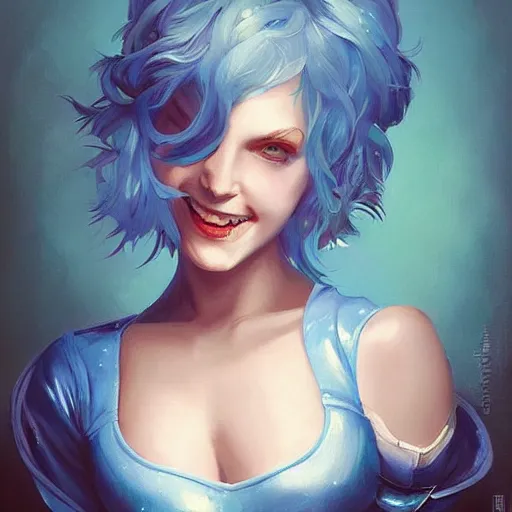 Image similar to a beautiful painting of a smiling woman with stylish short blue hair and sparkling blue eyes representative of the art style of artgerm and wlop and peter mohrbacher, portrait, mischievous grin