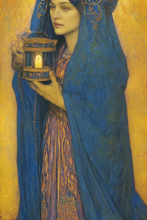 Prompt: queen of the twilight with her lantern and regalia, by Annie Swynnerton and Nicholas Roerich and jean delville, dramatic cinematic lighting , ornate headdress , flowing robes, lost civilizations, extremely detailed