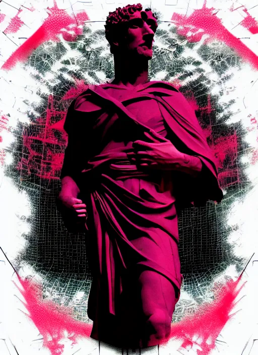 Prompt: black background with very subtle red and purple design elements, statue of julius caesar, nekro, graphic design, collage art, thin lines, dark, glitch art, neo vaporwave, gritty, layout frame, square, trending on artstation