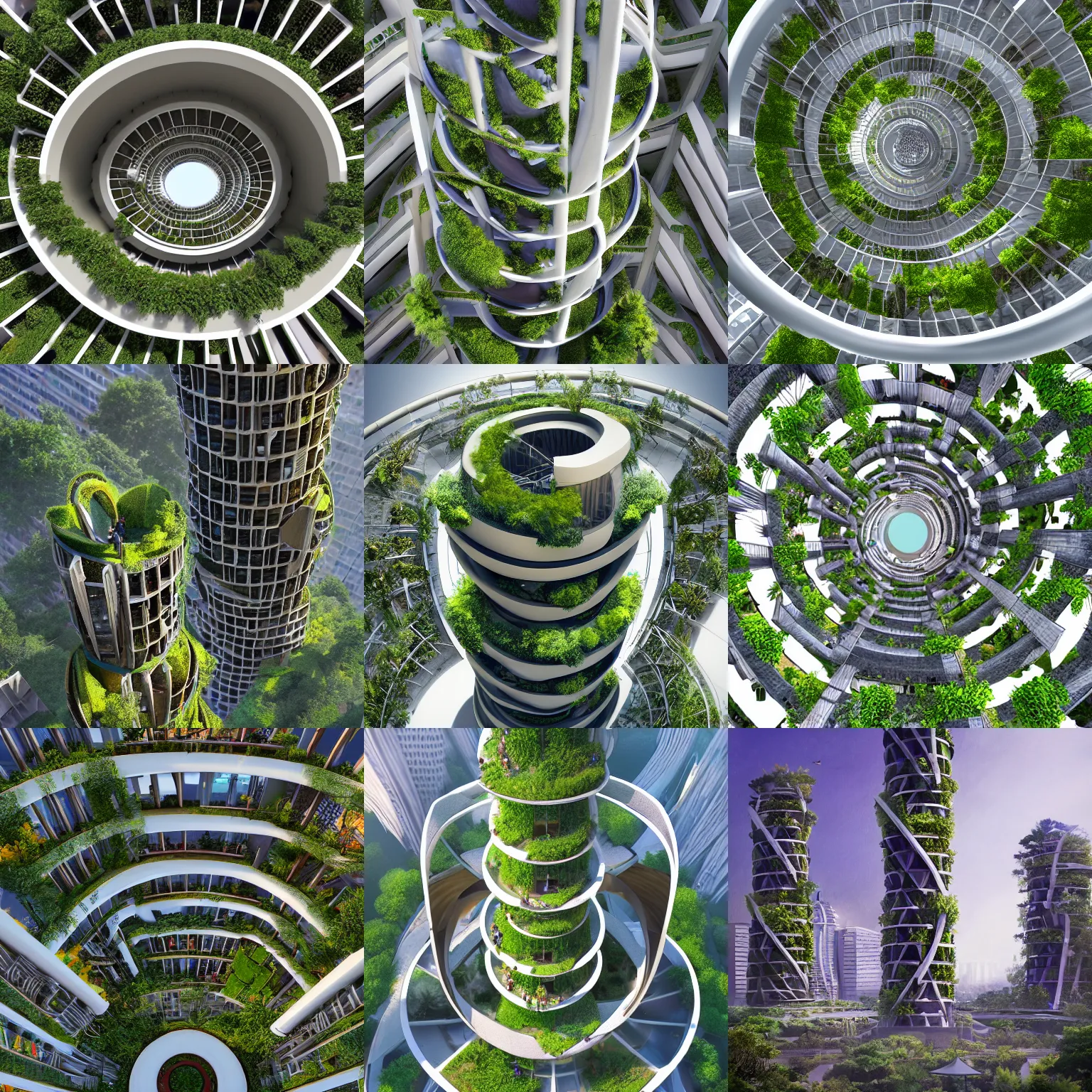 Prompt: matte painting of the bird's eye view of spiral tower. garden balconies. ecofuturistic architecture. dynamic perspective. urban, detailed digital art trending in artstation