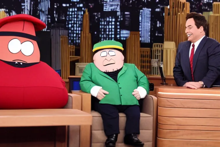 Image similar to Eric Cartman on the Jimmy Fallon Show, he is the main guest. Jimmy Fallon is laughing maniacally