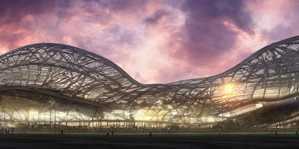 Image similar to extremely detailed ornate stunning sophisticated beautiful elegant futuristic victorian soccer stadium exterior by Henry Young Darracott Scott and Francis Fowke, stunning volumetric light, stainless steal, concrete, translucent material, beautiful sunset, tail lights