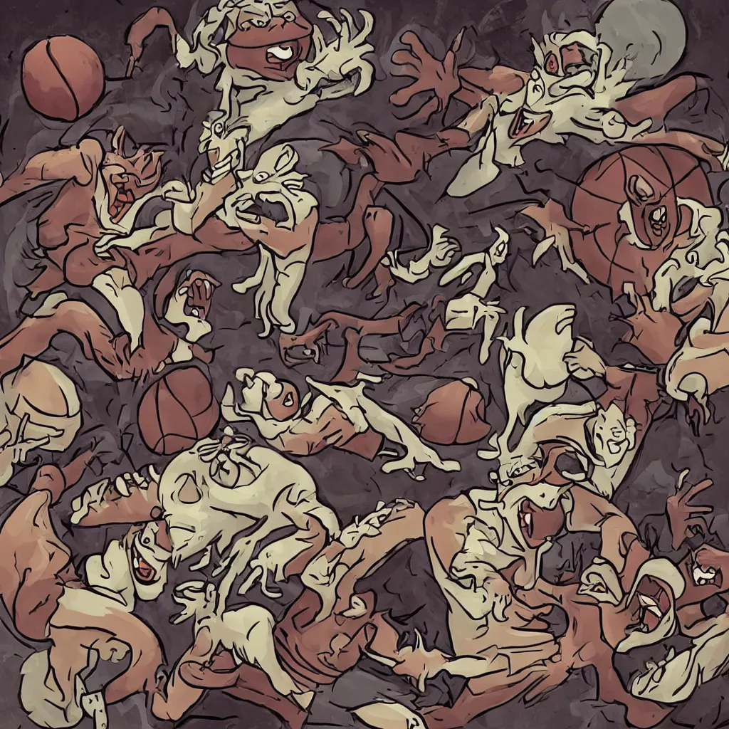 Prompt: a ghost, an alien, a werewolf and a vampire playing basketball together, lowbrow, surealistic, hd