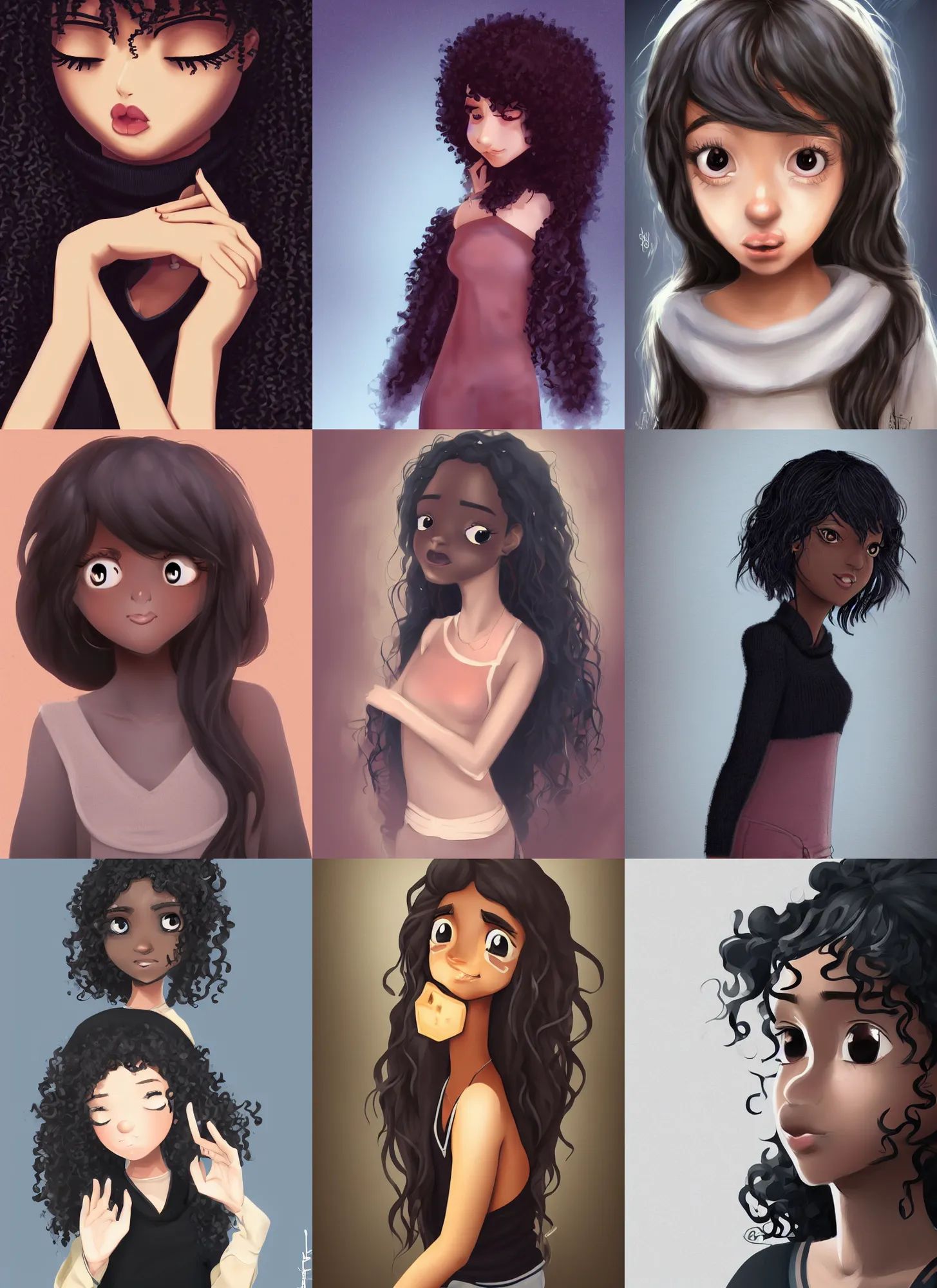 Prompt: a shy dark skinned brazilian girl blushing, droopy eyes, very cute, black curly hair, wearing a black sweater, digital art, artstation, smooth, high quality