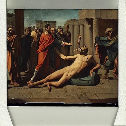 Image similar to a Polaroid photo of the death of Julius Caesar in ancient Rome