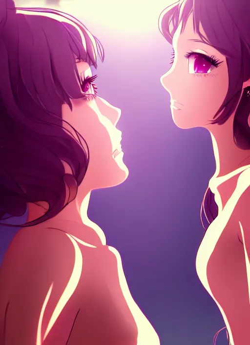 Prompt: two beautiful mothers standing face to face taunting each other, gorgeous dresses, gorgeous faces, smooth thick lines, cinematic lighting, detailed anime art