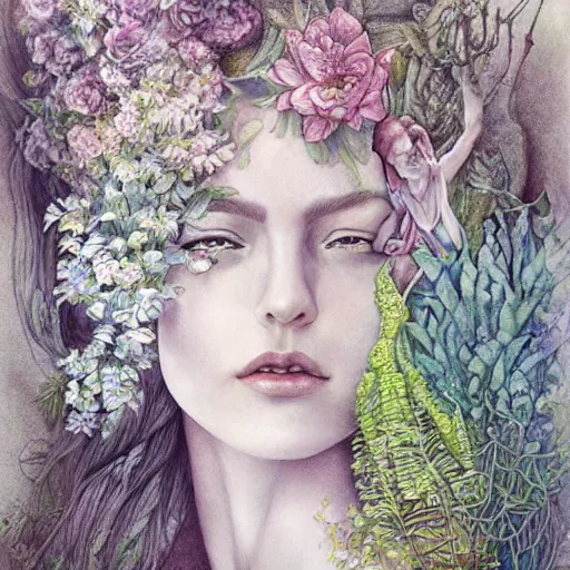 Prompt: surreal goddess in the garden, muted water color, full portrait, detailed, rim light, diffused, intricate, by anna dittmann, hyper realistic pencil drawing