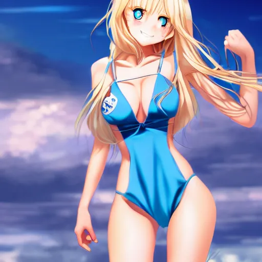 Image similar to a very beautiful young anime giantess, full body, long wavy blond hair, sky blue eyes, full round face, evil grin, bikini, miniskirt, front view, mid - shot, highly detailed, cinematic wallpaper by stanley artgerm lau