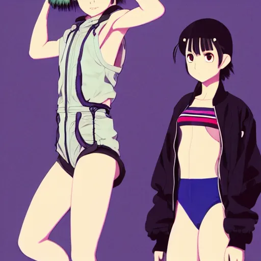 Image similar to a beautiful boyish natalie portman gravure model, wearing oversized mayan bomber jacket and leotard with overalls, bulky poofy bomber jacket with mesoamerican patterns, mesoamerican street fashion, gapmoe yandere grimdark, trending on pixiv fanbox, painted by greg rutkowski makoto shinkai takashi takeuchi studio ghibli, akihiko yoshida