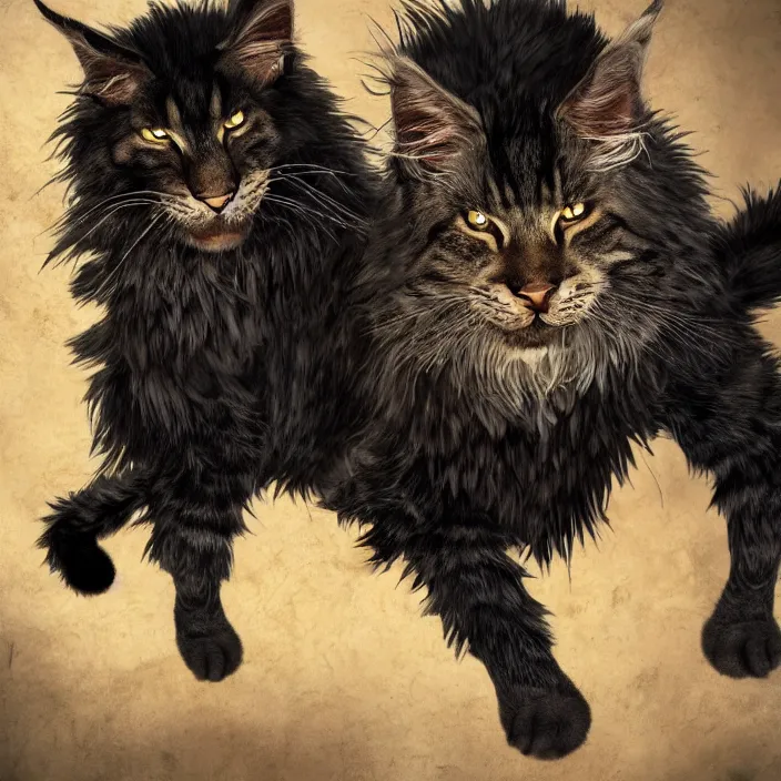 Image similar to Khajit with Maine Coon features and black fur holding two shortswords cloaked in shadow and wearing leather armor, white background, Fantasy, Tarot card style, Half Body Portrait, High detail, hyper realistic