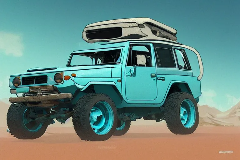 Image similar to digital illustration of a futuristic faded cyan mad max's fj 4 0 decrepit!!!! pursuit special, rusty!!! cyberpunk nissan fj cruiser heavily modded 1 9 9 0 s, the last v 8 interceptor by makoto shinkai, ilya kuvshinov, lois van baarle, rossdraws, basquiat