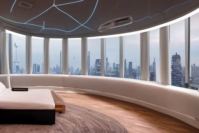 Image similar to a futuristic sparse bedroom with large curved ceiling high windows looking out to a far future cyberpunk cityscape, flying drones outside, night time, cyberpunk neon lights, raining