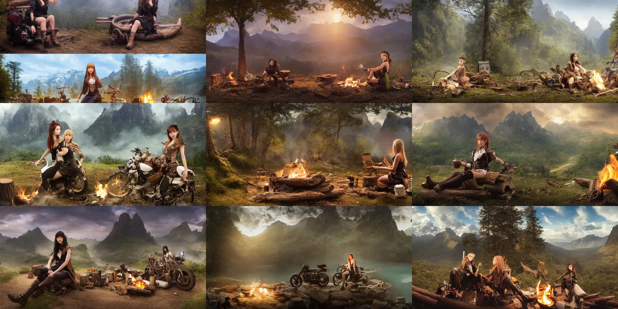 Prompt: Panoramic photograph on a girl from Final Fantasy live action, with short black hair and green eyes in a tan trenchcoat sitting on a log and drinking tea by the campfire by her motorrad, steampunk motorcycle, at night, ray tracing, large landscape with village, beautiful, mountains, waterfalls, award winning, masterpiece digital painting by Greg Rutkowski, Alex Grey, artstation, 4k wallpaper, Jakub Rozalski
