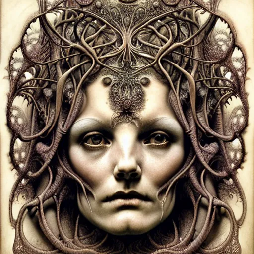 Image similar to detailed realistic beautiful calaveras death goddess face portrait by jean delville, gustave dore, iris van herpen and marco mazzoni, art forms of nature by ernst haeckel, art nouveau, symbolist, visionary, gothic, neo - gothic, pre - raphaelite, fractal porcelain lace, intricate alien botanical biodiversity, surreality, hyperdetailed ultrasharp octane render