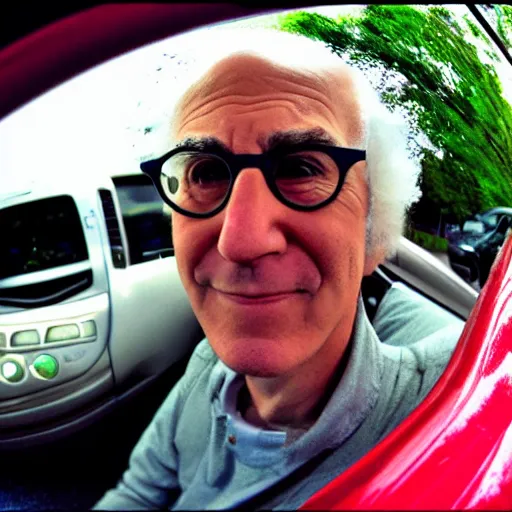 Image similar to larry david in his 2 0 0 9 prius, fisheye lens, anime style, anime