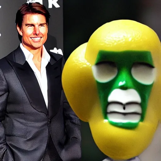 Image similar to tom cruise with an head made out of citrons