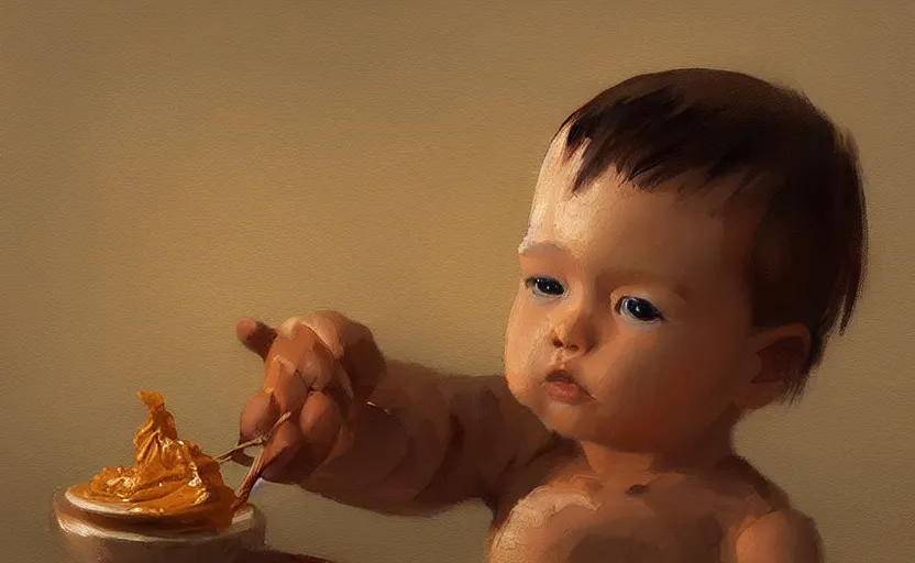 Prompt: A painting of Peanut Butter Baby trending on artstation in the style of Greg Rutkowski