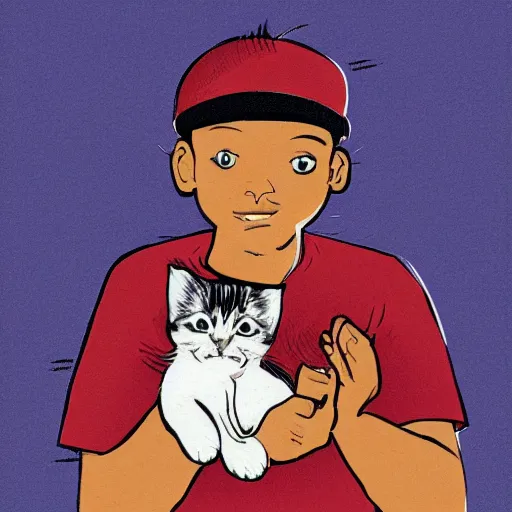 Prompt: storybook illustration of a rapper in 1 9 9 0 new york holding a kitten up to the camera, storybook illustration, monochromatic