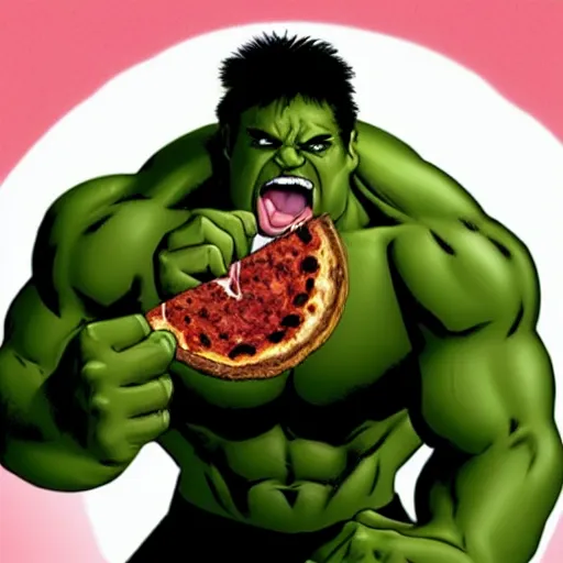 Prompt: the hulk eating a pepperoni pizza