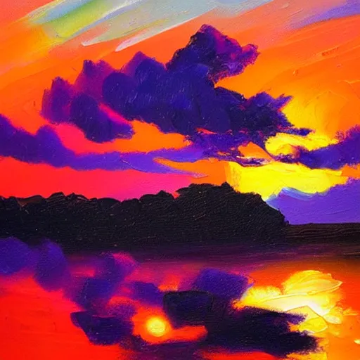 Image similar to an impasto oil painting of a stunning, colorful sunset painted by ken hong leung