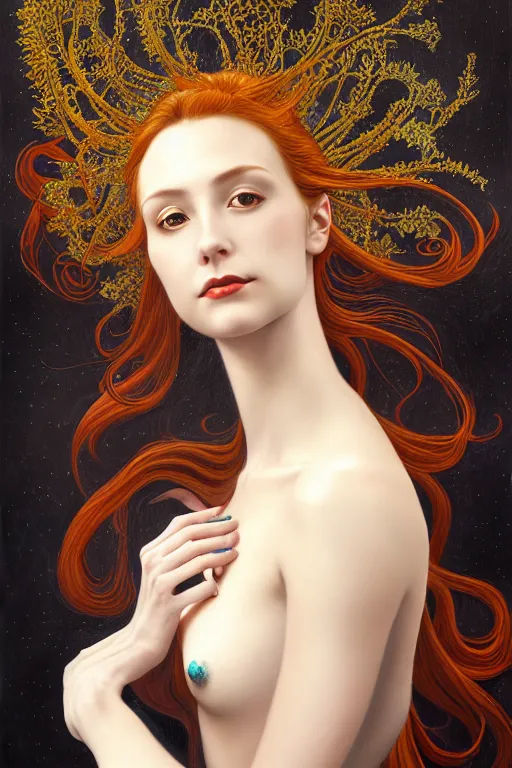 Prompt: portrait of a young attractive nerdy woman in flowing sensual dress, arrogant, long fine flowing hair, delicate, looking at camera, slightly awkward smile, realistic face, realistic hands, stylish, elegant, grimdark fantasy, flowers, extremely detailed painting inspired by Gerald Brom and Ernst Haeckel and Sandro Botticelli , studio lighting