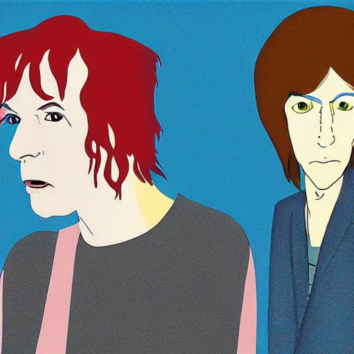 Prompt: ray davies and david bowie, illustration by studio ghibli