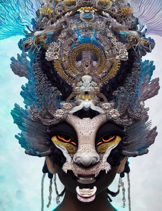 Image similar to 3 d goddess close - up portrait with crown, ram skull. beautiful intricately detailed japanese crow kitsune mask and clasical japanese kimono. betta fish, jellyfish phoenix, bioluminescent, plasma, ice, water, wind, creature, artwork by tooth wu and wlop and beeple and greg rutkowski