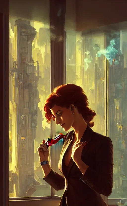 Image similar to Business woman smoking a cigar while she watches the city through a window, sci-fi, highly detailed, digital painting, artstation, concept art, smooth, sharp focus, illustration, art by artgerm and greg rutkowski and alphonse mucha
