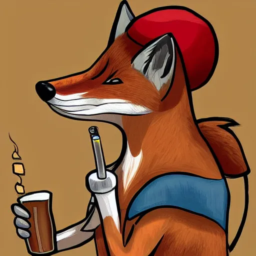 Prompt: a polygamous fox with a hat drinking beer and smoking e - cigarette, digital art, high details