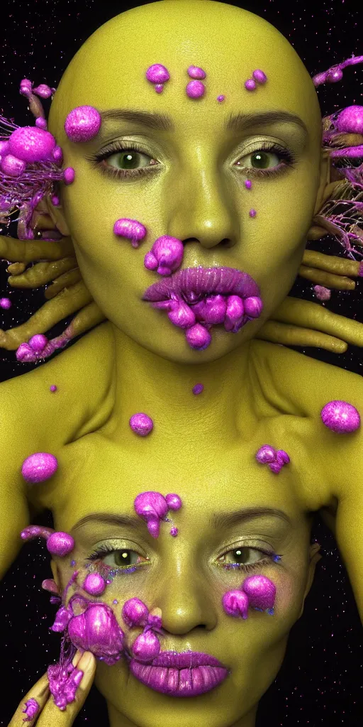 Image similar to hyper detailed 3d render like a Oil painting - portrait sculpt of Aurora (Singer) seen in mascara Eating of the Strangling network of yellowcake aerochrome and milky Fruit that covers her body and Her delicate Hands hold of gossamer polyp blossoms bring iridescent fungal flowers whose spores black the foolish stars by Jacek Yerka, Mariusz Lewandowski, Houdini algorithmic generative render, Abstract brush strokes, Masterpiece, Edward Hopper and James Gilleard, Zdzislaw Beksinski, Mark Ryden, Wolfgang Lettl, hints of Yayoi Kasuma, octane render, 8k