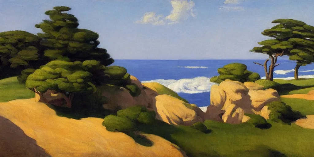 Image similar to a beautiful landscape painting of a rocky outcrop on the coast with a tree next to a house, by edward hopper, oil on canvas, highly detailed, hd, 4 k