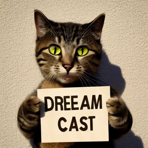 Prompt: realistic high quality photo of a cute cat holding a sign with text that reads : dream, cat, cast, cat cat dreamcats,