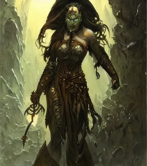 Prompt: a evil female half - orc fantasy priestess, art by karol bak and mark brooks and greg rutkowski, centered