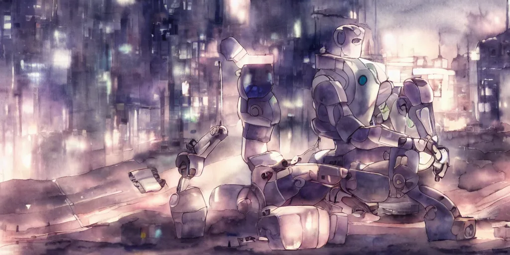 Image similar to watercolour painting of a broken robot repairing itself, anime, pencil lines, light watercolour, pale sky, beautiful artwork, anime screenshot, akihabara