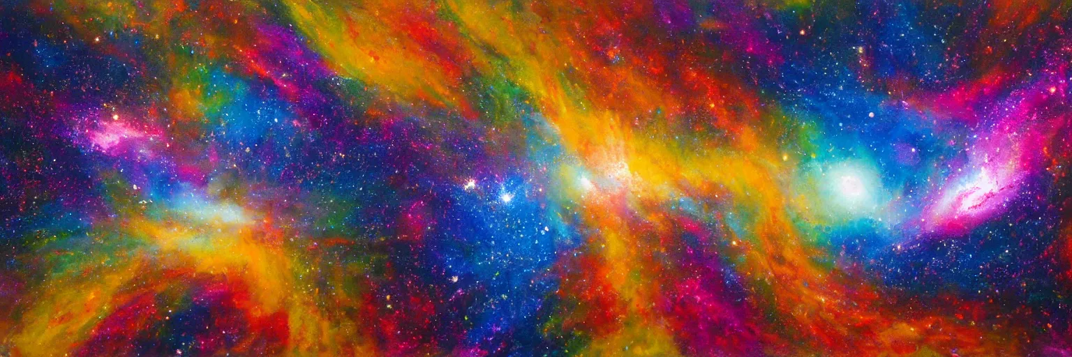 Image similar to an oil painting of hyper realistic galaxy colliding, colourful