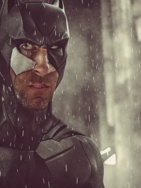 Prompt: film still, ryan reynolds as batman, mask half torn, hyperrealism, moody lighting, rain, intricate, 8 k