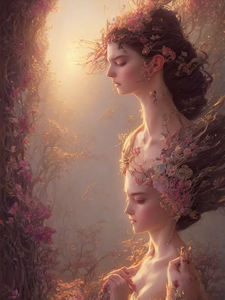 Image similar to highly detailed portrait of beautiful ethereal woman in ornate clothing, stephen bliss, unreal engine, fantasy art by greg rutkowski, loish, rhads, ferdinand knab, makoto shinkai and lois van baarle, ilya kuvshinov, rossdraws, tom bagshaw, global illumination, radiant light, detailed and intricate environment