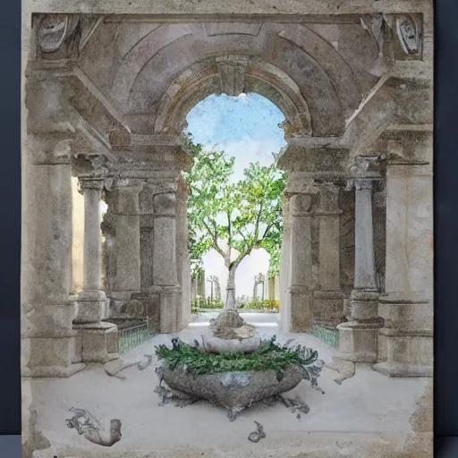 Prompt: delicate marble garden on paper, stony, puffy, botanical herbarium, botanic watercolors, iridescent, 8 k wide angle, realistic shaded, fine details, artstation, italian, colonnade, oak tree, hydrangea, gardena architecture, pompeii