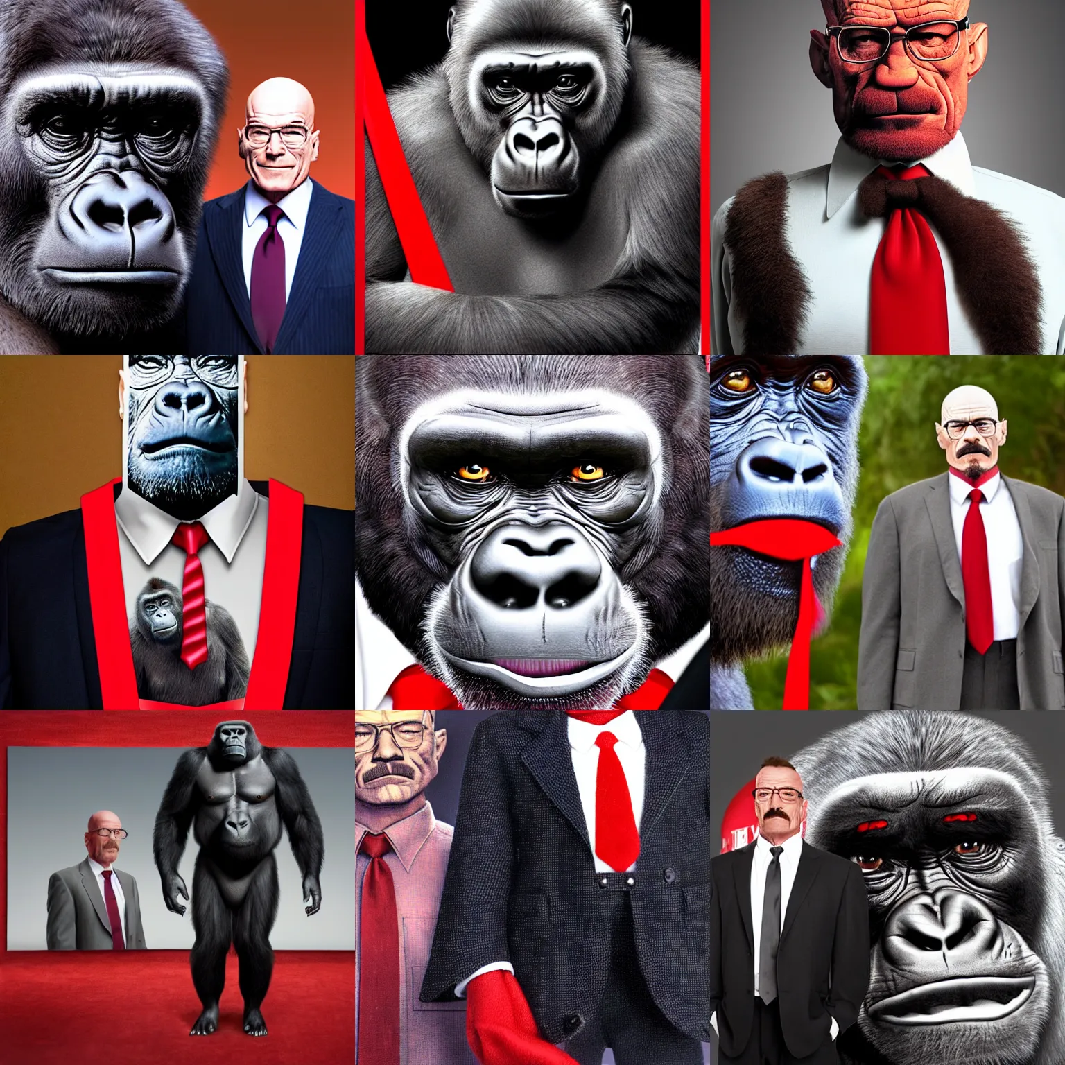 Prompt: 5 0 mm realistic photograph of a large silverback gorilla wearing a red tie standing with famous television character walter white, award winning photograph, high definition, 4 k