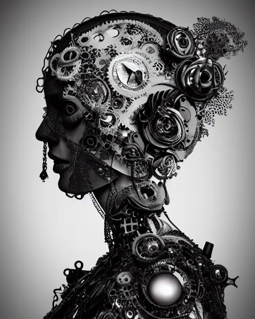 Image similar to black and white dreamy foggy smoky profile face portrait, one silver steampunk eye biomechanical beautiful young female cyclope - cyborg - robot bust, body ribs meshes,, volumetric light, hibiscus flowers, by hg giger, rim light, by dora maar and cecile beaton, big gothic fashion pearl embroidered collar, 8 k
