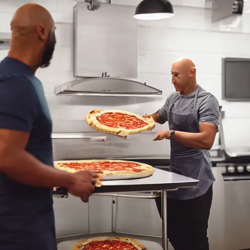 Prompt: a bald black man making a pizza while the restaurant owner is yelling at him, security camera footage, high definition